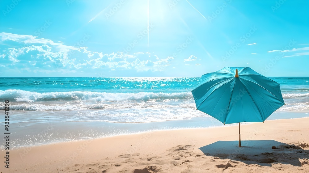 Peaceful Umbrella on a Sunny Beach with Crashing Waves Peaceful Umbrella on a Sunny Beach with Crashing Waves