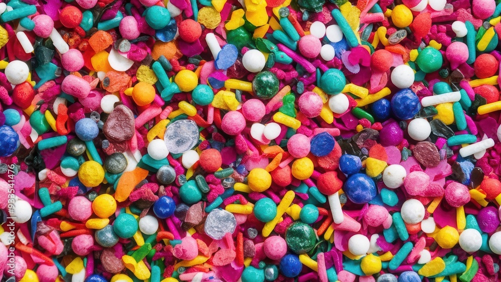 Close-up of colorful candy sprinkles scattered on a bright pink background, vibrant and festive sweet decoration Close-up of colorful candy sprinkles scattered on a bright pink background, vibrant and festive sweet decoration