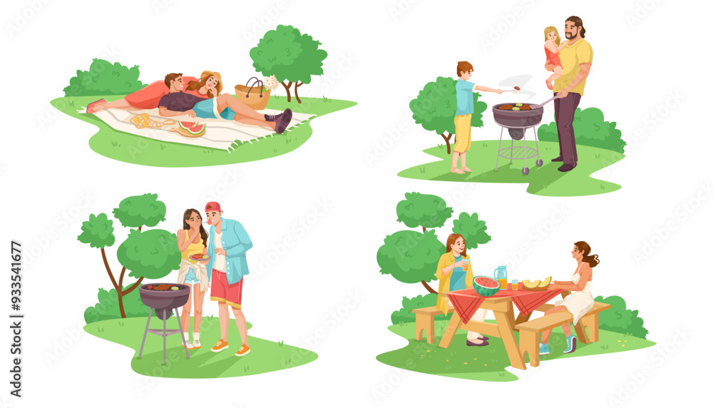 Four scenes of families and friends enjoying a summer picnic in the park, with children, barbecues, food. Colorful illustration on white background. Concept of outdoor activities. Vector illustration Four scenes of families and friends enjoying a summer picnic in the park, with children, barbecues, food. Colorful illustration on white background. Concept of outdoor activities. Vector illustration