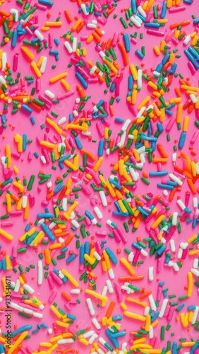 Close-up of colorful candy sprinkles scattered on a bright pink background, vibrant and festive sweet decoration