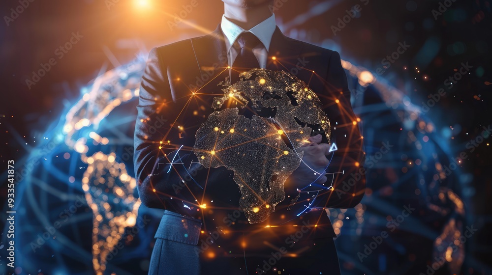 Businessman with global network icon, holographic earth, glowing effects, international business concept. Businessman with global network icon, holographic earth, glowing effects, international business concept.