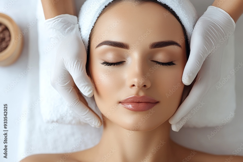 Over a white studio background, a doctor examines the face of a beautiful woman while visiting a cosmetology cabinet with gloves on. Over a white studio background, a doctor examines the face of a beautiful woman while visiting a cosmetology cabinet with gloves on.