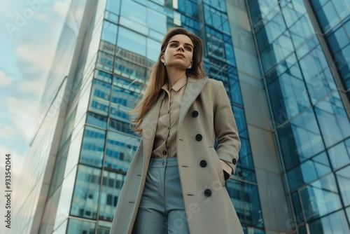 Beautiful businesswoman in a coat and pants, standing against a skyscraper office building, magazine cover style, high resolution, professional color grading.