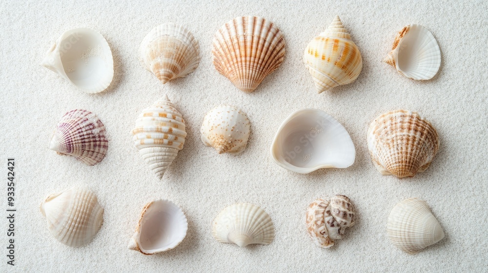 A minimalist collection of seashells arranged on white sand, set against a plain background to highlight their natural beauty and simplicity. A minimalist collection of seashells arranged on white sand, set against a plain background to highlight their natural beauty and simplicity.