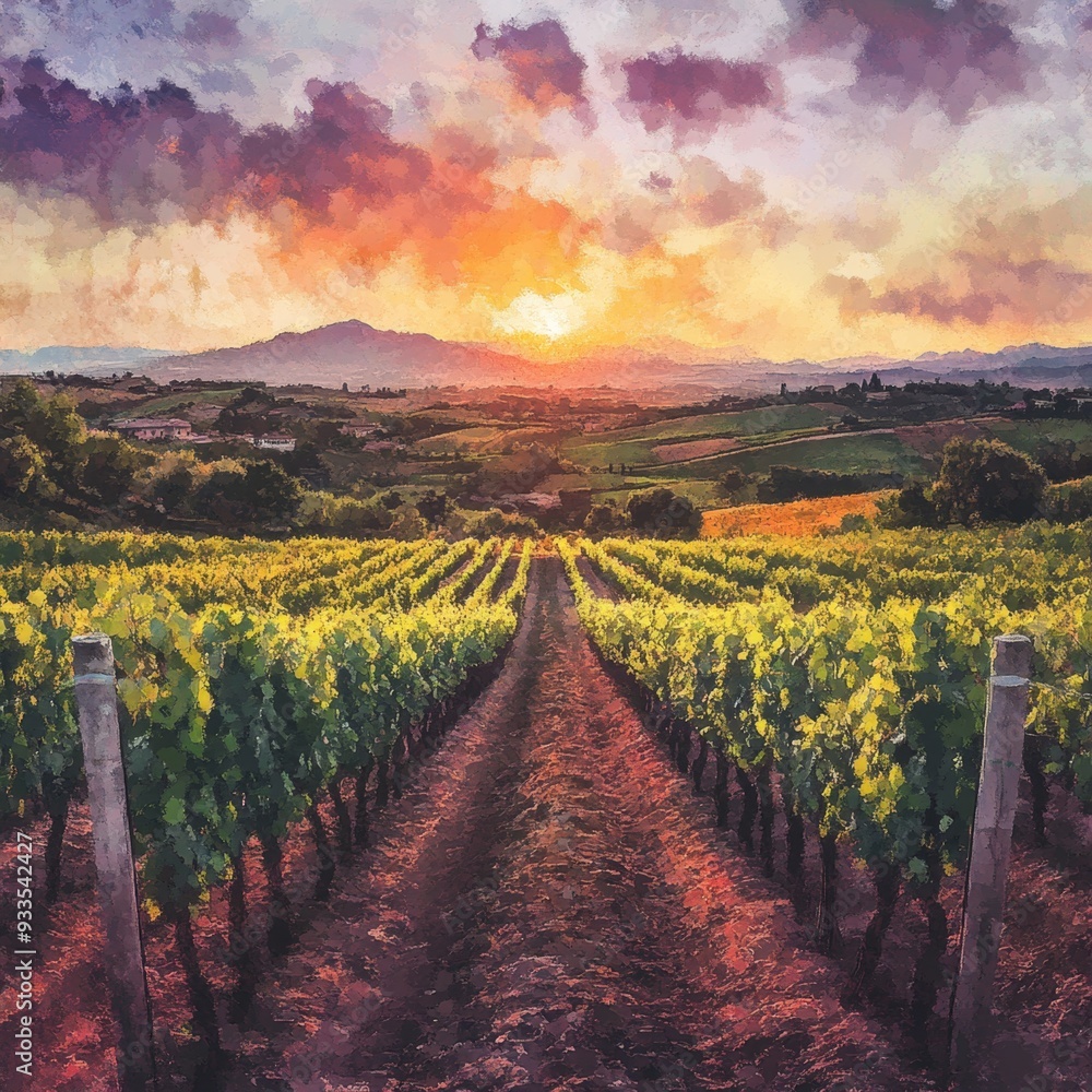 Fototapeta premium Enchanting Tuscan Landscape: AI-Generated Pointillist-Style Digital Art of Vineyards and Hills at Sunset. Elegant Abstract Illustration for Marketing, UI Design, and High-Resolution Wallpapers. Minima