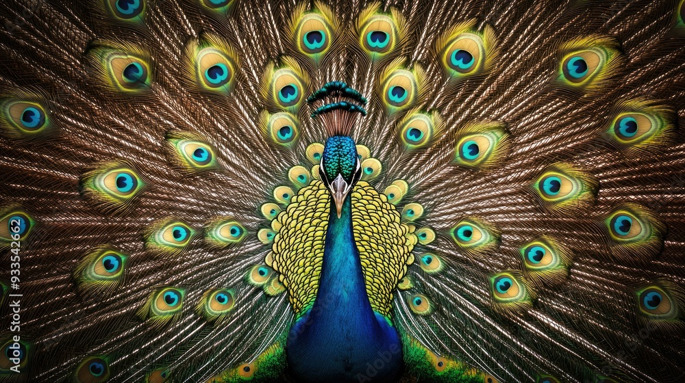 Obraz premium Close-up of a peacocks vibrant feathers fanned out in full display highlighting the intricate patterns Copy space available