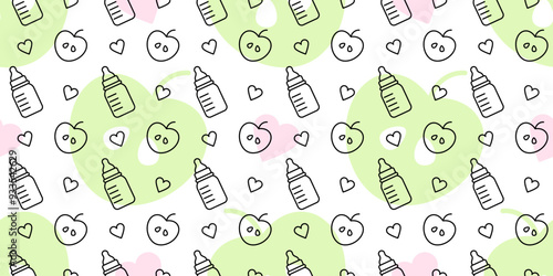 Seamless outline pattern with baby bottles, green apples and pink hearts. Child nutrition, drink and food for infants and newborn kids in bottles, vector white background with black symbols