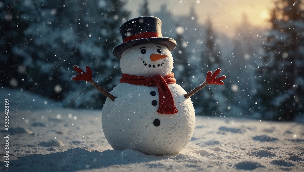 Obraz premium christmas snowy winter snowman snowflakes falling background cinematic