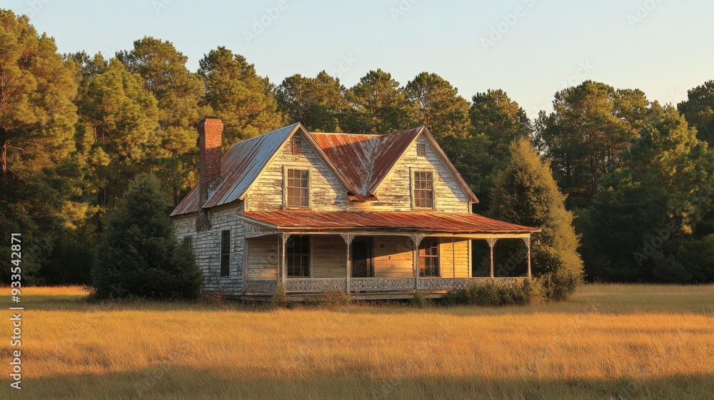 Obraz premium A rustic, weathered house surrounded by tall grass and trees.