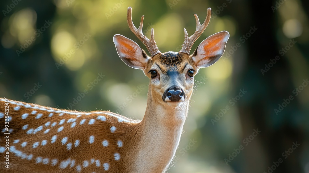 Focused shot of a spotted deer (chital) with its delicate antlers and gentle eyes Copy space available Focused shot of a spotted deer (chital) with its delicate antlers and gentle eyes Copy space available