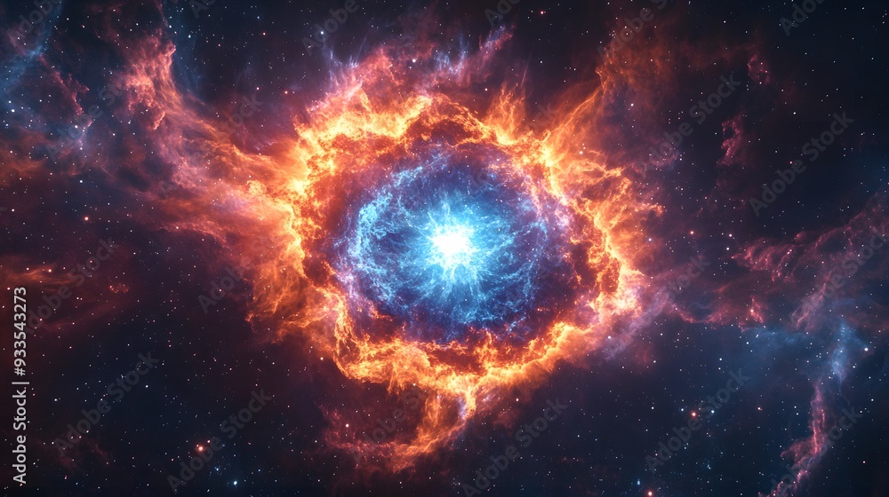 Fototapeta premium Exploding supernova in deep space, swirling cosmic dust, vibrant nebula colors, distant stars, galactic scale, astrophysics visualization, awe-inspiring celestial event.