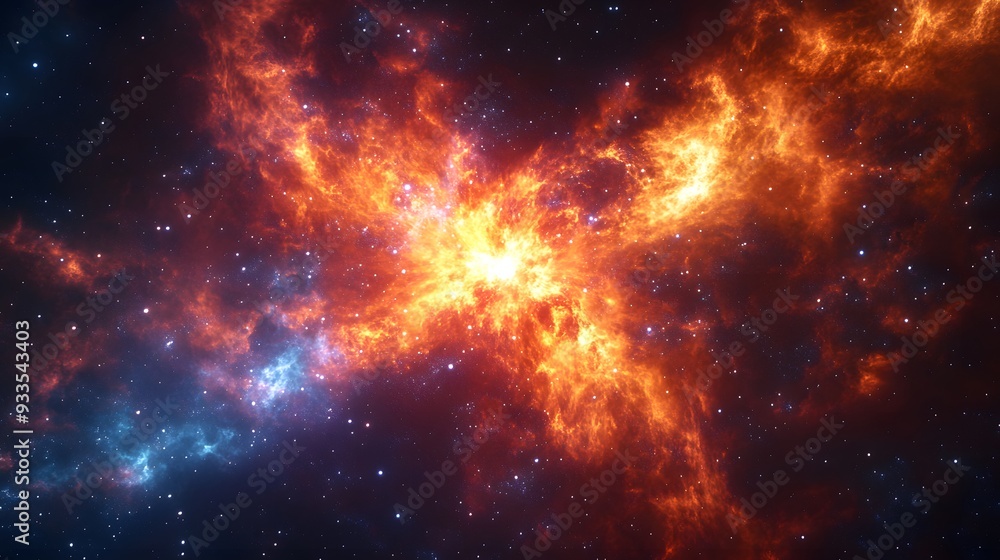 Obraz premium Exploding supernova in deep space, swirling cosmic dust, vibrant nebula colors, distant stars, galactic scale, astrophysics visualization, awe-inspiring celestial event.