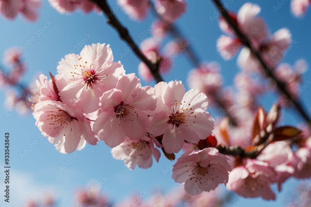 Delicate Pink Cherry Blossoms Against a Blue Sky Delicate Pink Cherry Blossoms Against a Blue Sky