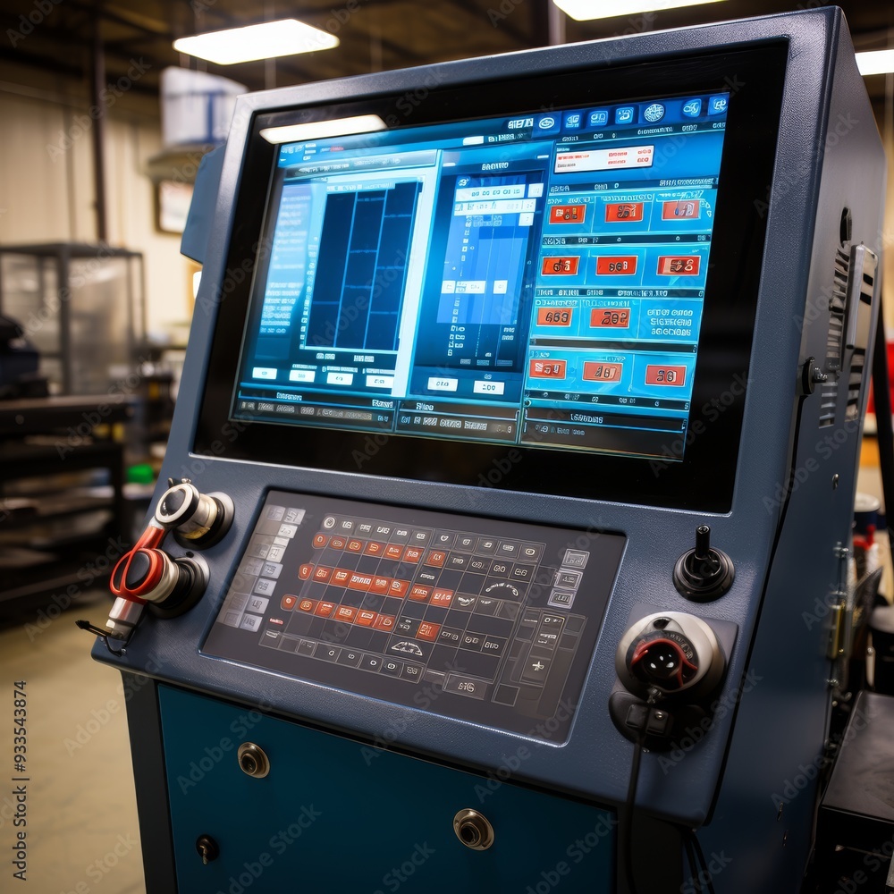 Advanced cnc machine control panel showing data and graphs illustrating process complexity Advanced cnc machine control panel showing data and graphs illustrating process complexity