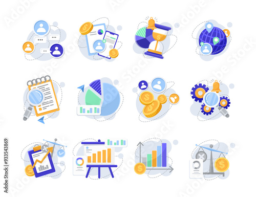 Set of icons depicting various business, finance concepts such communication, currency, data analysis. Colorful and stylized on white background. Concept of business and finance. Vector illustration