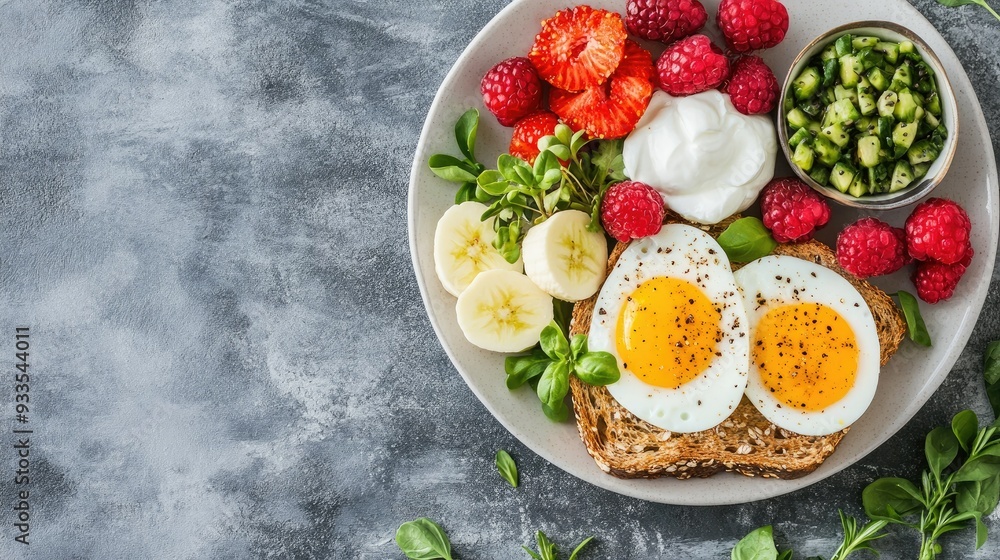 Top view of a balanced breakfast with eggs whole grain toast fresh fruit and a side of dairy. Copy space available Top view of a balanced breakfast with eggs whole grain toast fresh fruit and a side of dairy. Copy space available