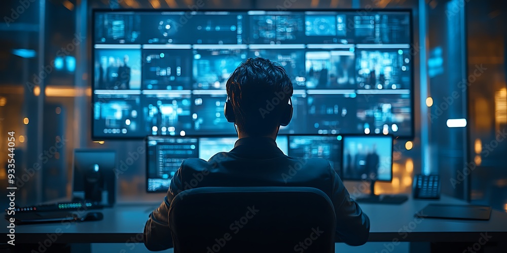 Person Attending a Virtual Meeting with Multiple Participants Displayed on a Large Monitor in a Professional Office Setting, Highlighting Remote Collaboration and Modern Work Environments Person Attending a Virtual Meeting with Multiple Participants Displayed on a Large Monitor in a Professional Office Setting, Highlighting Remote Collaboration and Modern Work Environments