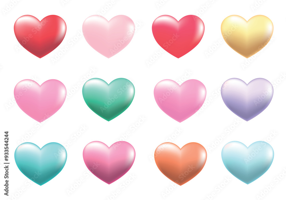 Set of hearts in 3d cartoon design. Realistic hearts in different pastel colors are depicted in this collection in an incredibly vivid style. Vector illustration. Set of hearts in 3d cartoon design. Realistic hearts in different pastel colors are depicted in this collection in an incredibly vivid style. Vector illustration.