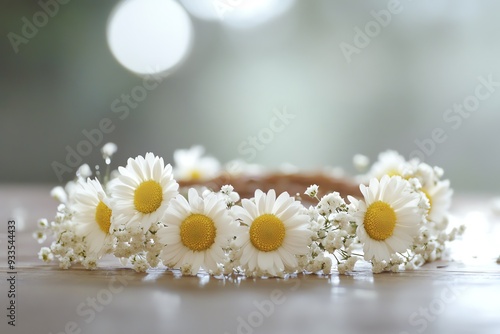 A flower crown made of daisies and babys breath resting on a table photo