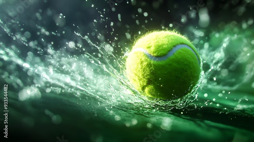 High-speed shot of tennis ball hitting racket, dynamic motion, vibrant green court, sharp details, dramatic lighting, freeze frame, 8K resolution, sports action photography.