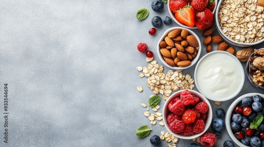 Top view of a breakfast spread with whole grains dairy fruits and nuts emphasizing balance. Copy space available Top view of a breakfast spread with whole grains dairy fruits and nuts emphasizing balance. Copy space available