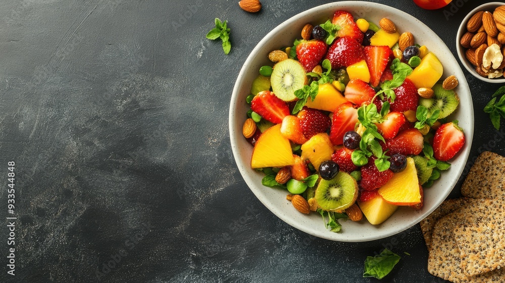 Top view of a colorful fruit salad paired with nuts and a side of whole grain crackers. Copy space available Top view of a colorful fruit salad paired with nuts and a side of whole grain crackers. Copy space available