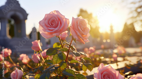 pink rose with light sunset background.