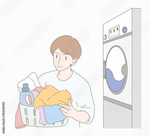 Young man holding basket with clothes and laundry detergent, standing near washing machine, doing laundry. Self-service laundromat. Hand drawn flat cartoon character vector illustration.