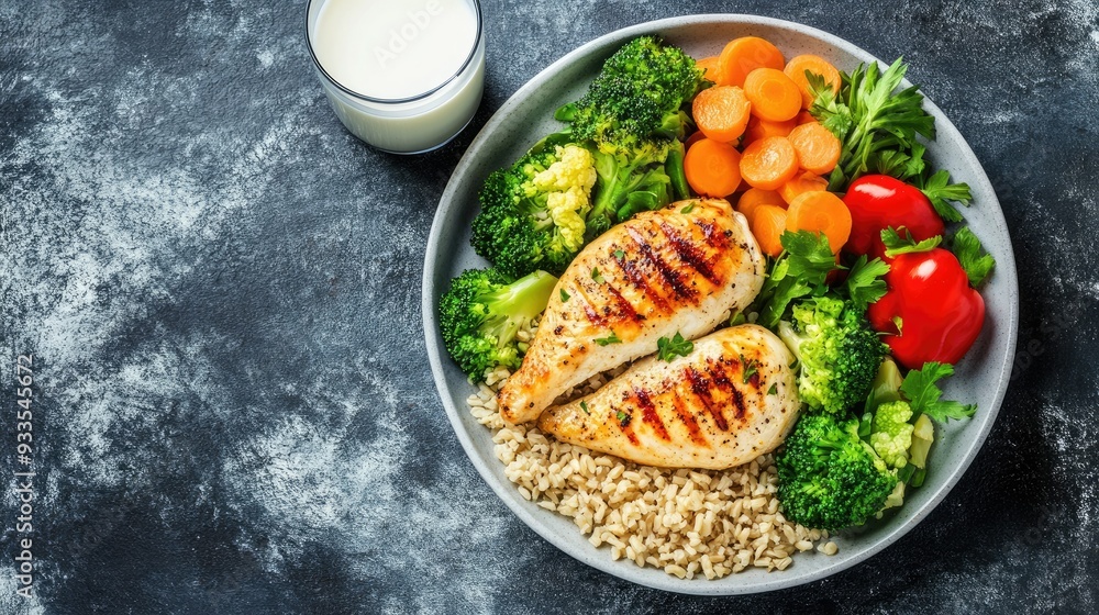 Top view of a healthy dinner featuring grilled chicken steamed vegetables brown rice and a glass of milk. Copy space available Top view of a healthy dinner featuring grilled chicken steamed vegetables brown rice and a glass of milk. Copy space available