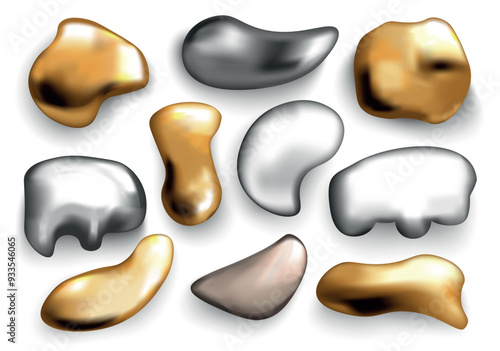 Set of liquid metal balls in 3d cartoon design. Silver, gold and other metallic flowing shapes are depicted in an incredibly realistic style. Vector illustration.