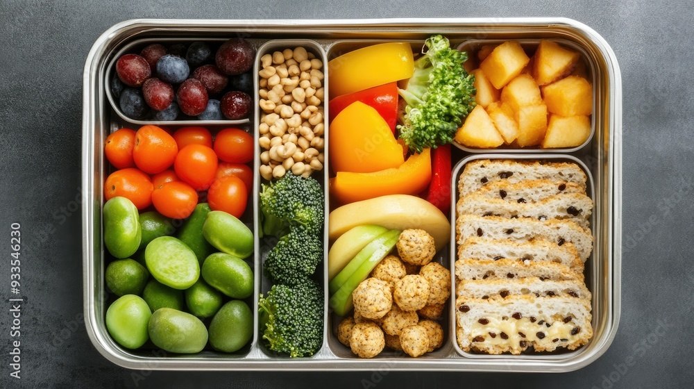 Top view of a healthy lunchbox featuring foods from all five groups: fruits, veggies grains, protein and dairy. Copy space available Top view of a healthy lunchbox featuring foods from all five groups: fruits, veggies grains, protein and dairy. Copy space available