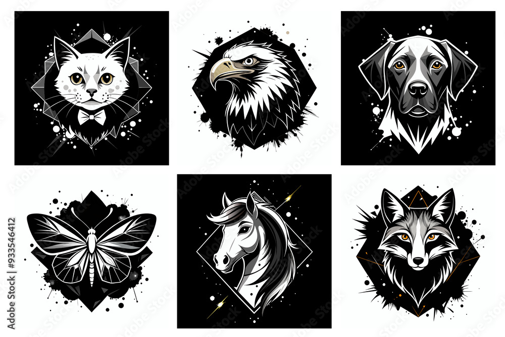 Obraz premium Monochrome Animal-Themed T-Shirt Prints with Geometric and Abstract Designs