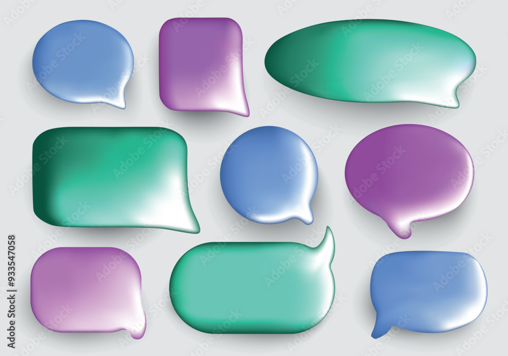 Set of speech clouds in 3d cartoon design. This collection features incredibly realistic speech bubbles in pastel blue, purple and green colors. Vector illustration. Set of speech clouds in 3d cartoon design. This collection features incredibly realistic speech bubbles in pastel blue, purple and green colors. Vector illustration.