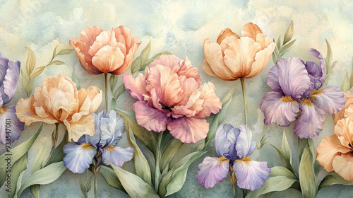 Wallpaper Mural luxury flowers watercolor,  A detailed watercolor arrangement of exotic tulips and irises, portrayed in a luxurious vintage botanical theme, with gentle brush strokes creating a Torontodigital.ca