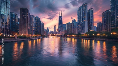 Chicago Skyline at Dusk, Illuminated by Warm Lights