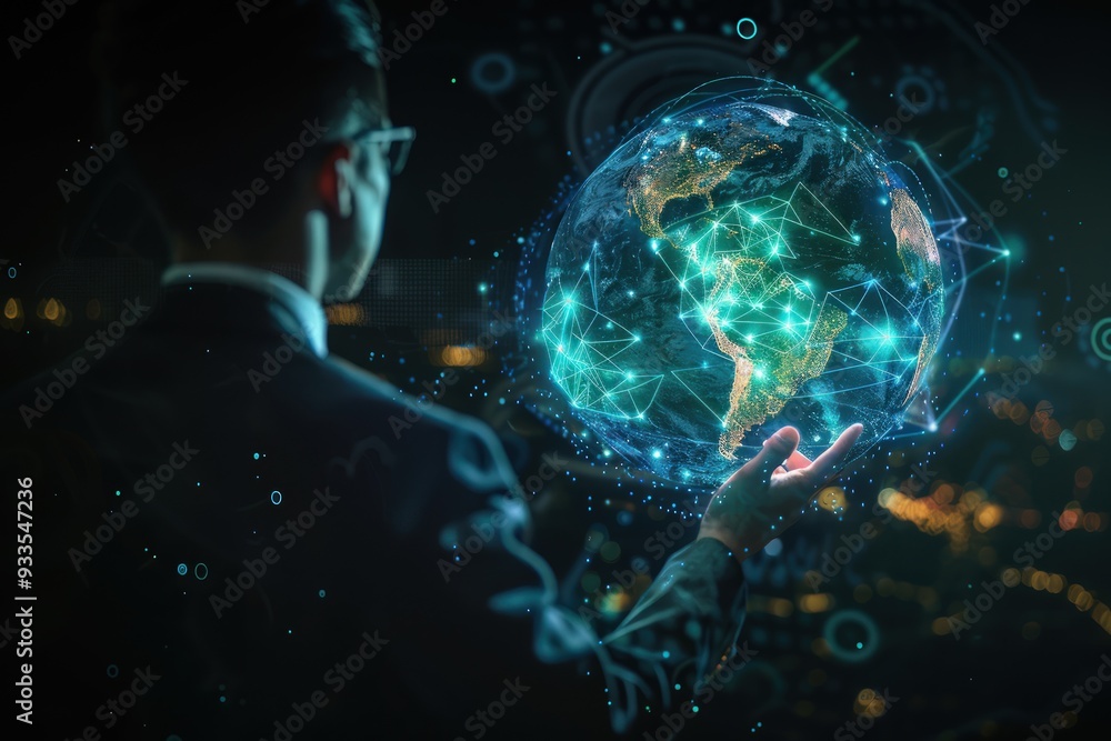 Businessman with glowing earth hologram, dark backdrop, global network, social media tech. Businessman with glowing earth hologram, dark backdrop, global network, social media tech.