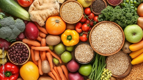 Top view of a variety of fresh fruits and vegetables arranged alongside whole grains and lean proteins. Copy space available