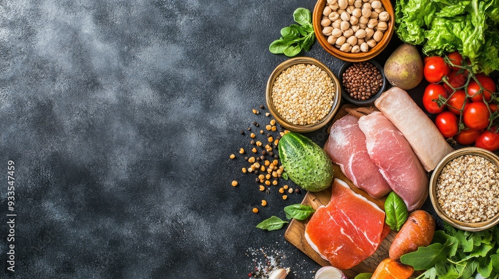 Top view of a variety of fresh produce whole grains and proteins showcasing a balanced nutritious diet. Copy space available Top view of a variety of fresh produce whole grains and proteins showcasing a balanced nutritious diet. Copy space available