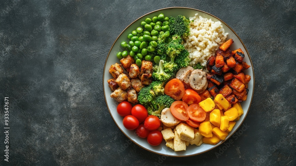 Top view of a well-balanced dinner plate with portions from all five food groups. Copy space available Top view of a well-balanced dinner plate with portions from all five food groups. Copy space available