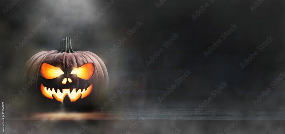 A scary spooky glowing carved halloween pumpkin lantern, Jack O' Lanterns, on the left of a wooden product display bench on a scary halloween night with a dark stone wall background lit from above.