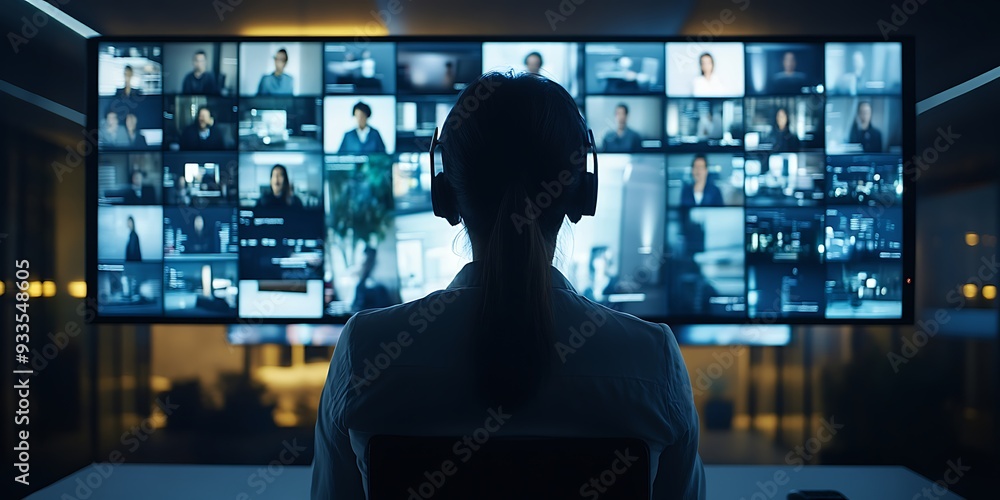 Person Attending a Virtual Meeting with Multiple Participants Displayed on a Large Monitor in a Professional Office Setting, Highlighting Remote Collaboration and Modern Work Environments Person Attending a Virtual Meeting with Multiple Participants Displayed on a Large Monitor in a Professional Office Setting, Highlighting Remote Collaboration and Modern Work Environments