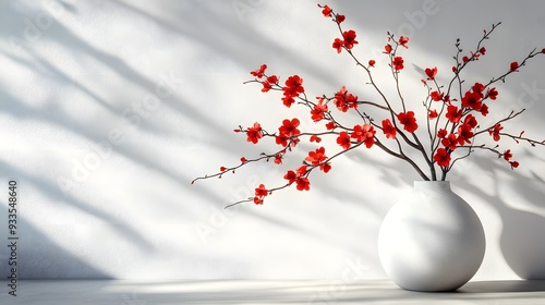 Minimalist floral arrangement, delicate red blossoms, thin branches, white stone vase, pure white wall background, dramatic diagonal shadow, zen-inspired design.