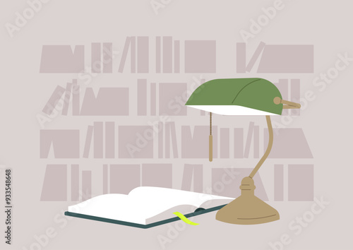 A warm ambiance fills the space as a green lamp casts light on an open book, creating an inviting atmosphere for readers