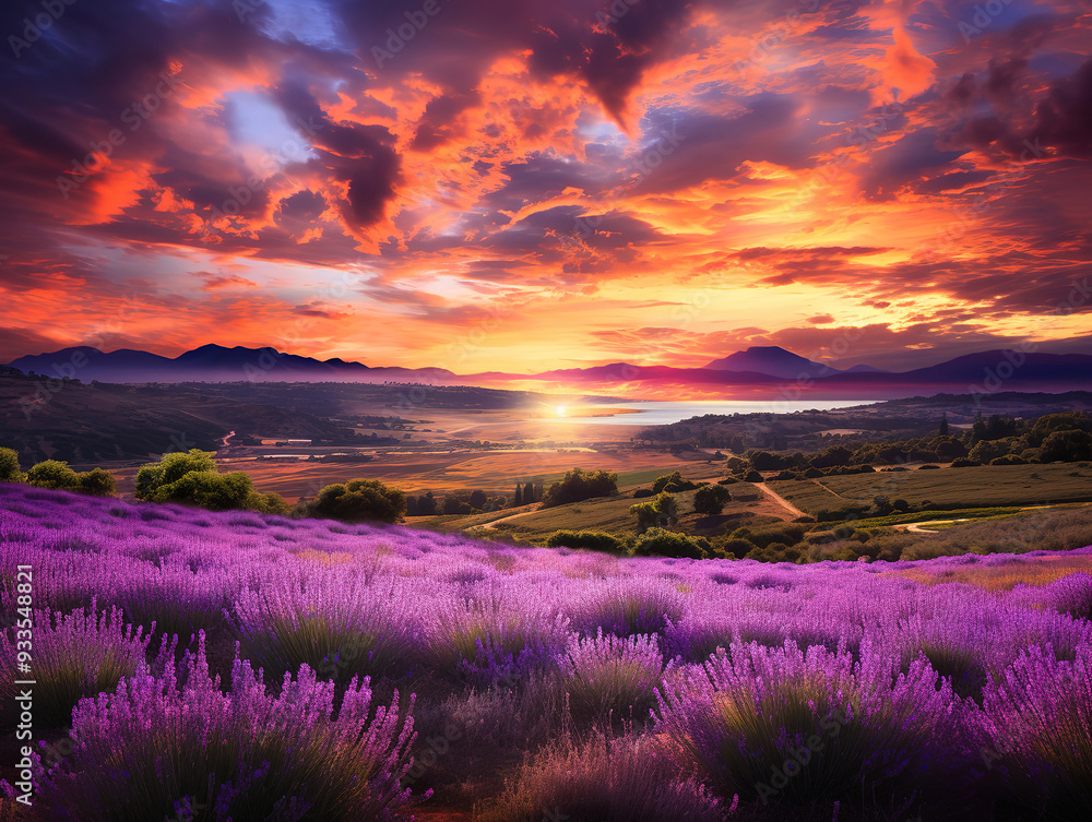 Superb sunrise over vast blooming lavanda field Superb sunrise over vast blooming lavanda field