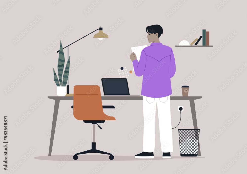 © nadia_snopek - An individual in a purple shirt thoughtfully reviews a document while standing by a stylish desk in a contemporary office