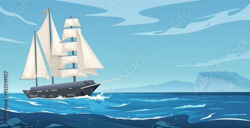 An illustration of a large sailing ship with white sails on the open ocean, with mountains in the background. The scene depicts a maritime concept. Vector illustration