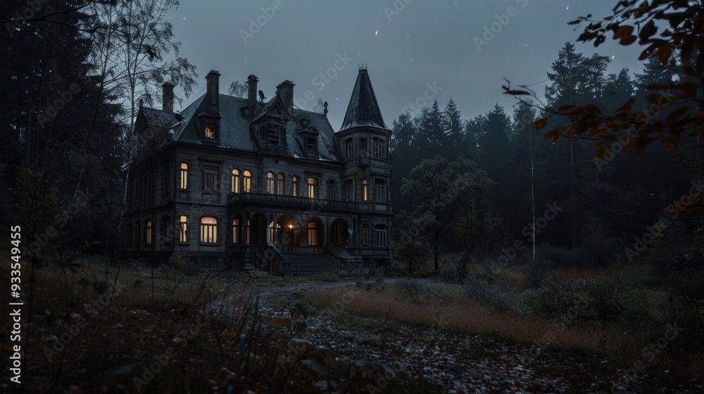 A large, old house with a steeple sits in a forest. The house is surrounded by trees and has a dark, eerie atmosphere A large, old house with a steeple sits in a forest. The house is surrounded by trees and has a dark, eerie atmosphere