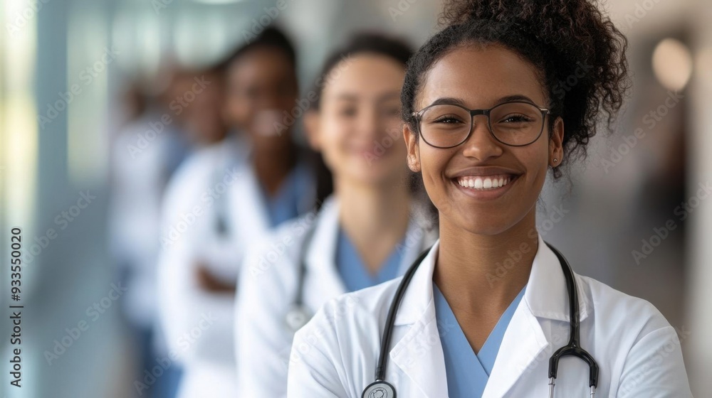 Smiling female doctor in front of colleagues, portraying teamwork and professionalism in a healthcare environment. Smiling female doctor in front of colleagues, portraying teamwork and professionalism in a healthcare environment.