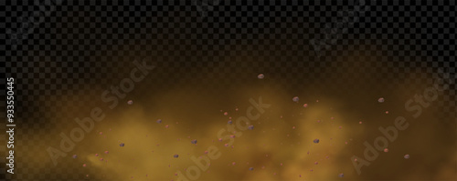 Vector background of a sand explosion with dirt and cloud smoke. Brown sandstorm splash and  dirty ground with a textured wind effect.Yellow flying particles and stone.