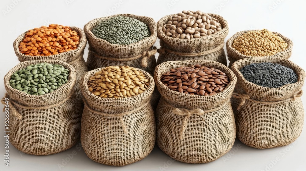 A collection of burlap sacks filled with various seeds and legumes, showcasing vibrant colors and diverse textures. A collection of burlap sacks filled with various seeds and legumes, showcasing vibrant colors and diverse textures.